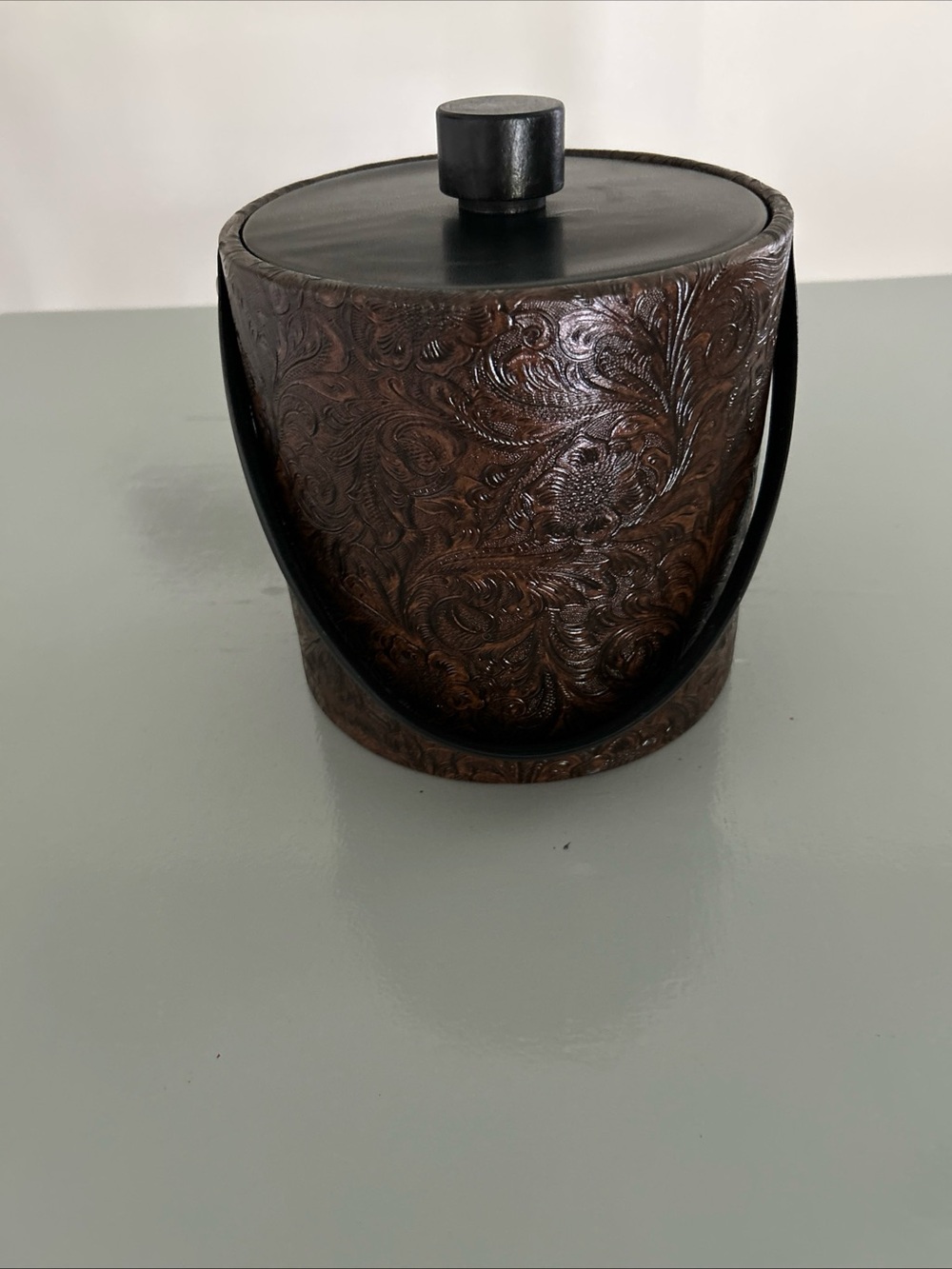 Vintage Irvinware Faux Embossed Leather Ice Bucket with Handle H 7.5 Dia 7.5 in